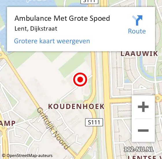 Locatie op kaart van de 112 melding: Ambulance Met Grote Spoed Naar Lent, Dijkstraat op 7 februari 2022 06:53