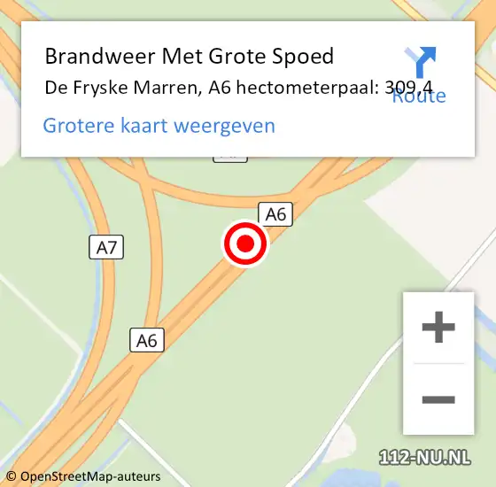 Locatie op kaart van de 112 melding: Brandweer Met Grote Spoed Naar De Fryske Marren, A6 hectometerpaal: 309,4 op 7 februari 2022 09:39