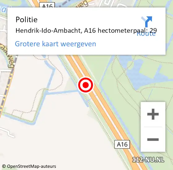 Locatie op kaart van de 112 melding: Politie Ridderkerk, A16 hectometerpaal: 29 op 7 februari 2022 10:34