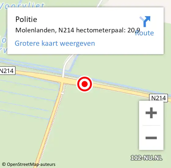 Locatie op kaart van de 112 melding: Politie Molenlanden, N214 hectometerpaal: 20,9 op 7 februari 2022 10:50