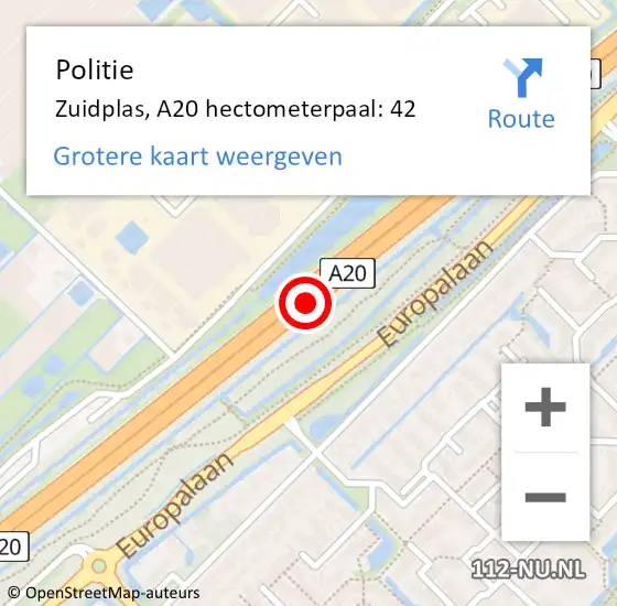 Locatie op kaart van de 112 melding: Politie Zuidplas, A20 hectometerpaal: 42 op 7 februari 2022 11:50