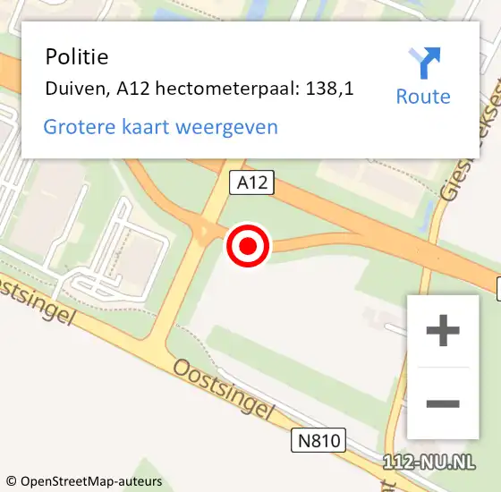 Locatie op kaart van de 112 melding: Politie Duiven, A12 hectometerpaal: 138,1 op 7 februari 2022 16:15