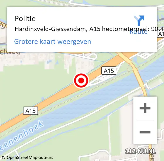 Locatie op kaart van de 112 melding: Politie Hardinxveld-Giessendam, A15 hectometerpaal: 90,4 op 7 februari 2022 16:17