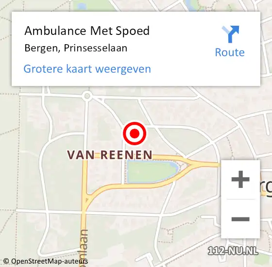 Locatie op kaart van de 112 melding: Ambulance Met Spoed Naar Bergen, Prinsesselaan op 7 februari 2022 16:25