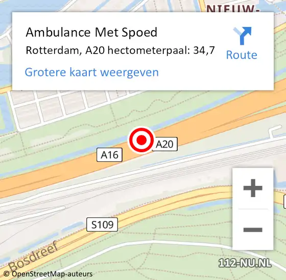 Locatie op kaart van de 112 melding: Ambulance Met Spoed Naar Rotterdam, A20 hectometerpaal: 34,7 op 7 februari 2022 17:18