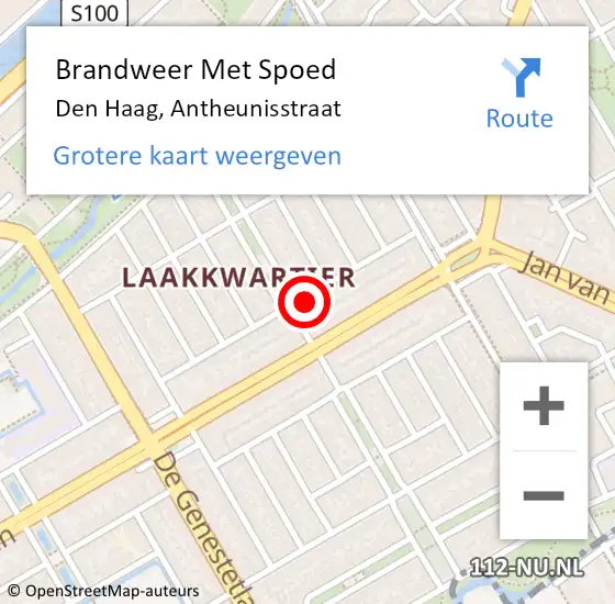 Locatie op kaart van de 112 melding: Brandweer Met Spoed Naar Den Haag, Antheunisstraat op 7 februari 2022 17:38