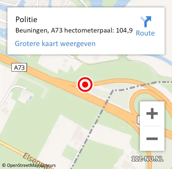 Locatie op kaart van de 112 melding: Politie Beuningen, A73 hectometerpaal: 104,9 op 7 februari 2022 17:50