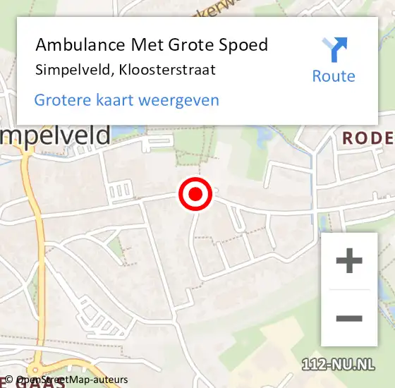 Locatie op kaart van de 112 melding: Ambulance Met Grote Spoed Naar Simpelveld, Kloosterstraat op 7 juli 2014 16:28