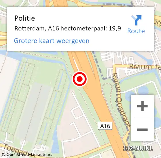 Locatie op kaart van de 112 melding: Politie Rotterdam, A16 hectometerpaal: 19,9 op 7 februari 2022 18:13