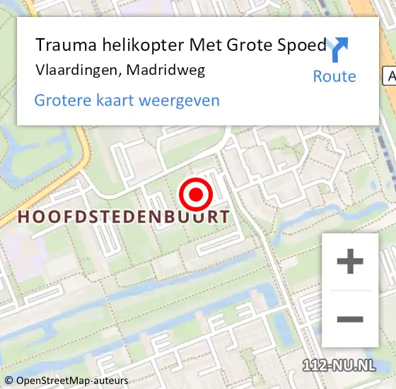 Locatie op kaart van de 112 melding: Trauma helikopter Met Grote Spoed Naar Vlaardingen, Madridweg op 7 februari 2022 21:03