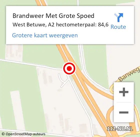 Locatie op kaart van de 112 melding: Brandweer Met Grote Spoed Naar West Betuwe, A2 hectometerpaal: 84,6 op 7 februari 2022 21:33