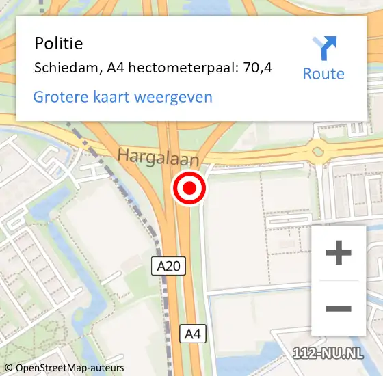 Locatie op kaart van de 112 melding: Politie Schiedam, A4 hectometerpaal: 70,4 op 8 februari 2022 08:46