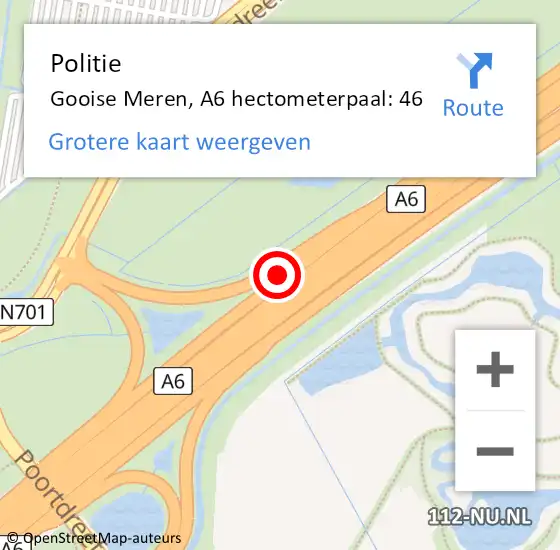 Locatie op kaart van de 112 melding: Politie Gooise Meren, A6 hectometerpaal: 46 op 8 februari 2022 08:51