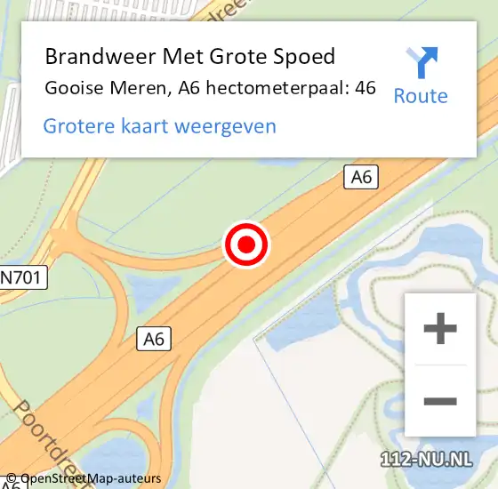 Locatie op kaart van de 112 melding: Brandweer Met Grote Spoed Naar Gooise Meren, A6 hectometerpaal: 46 op 8 februari 2022 08:52