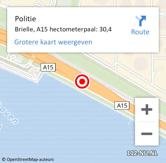 Locatie op kaart van de 112 melding: Politie Brielle, A15 hectometerpaal: 30,4 op 8 februari 2022 09:22