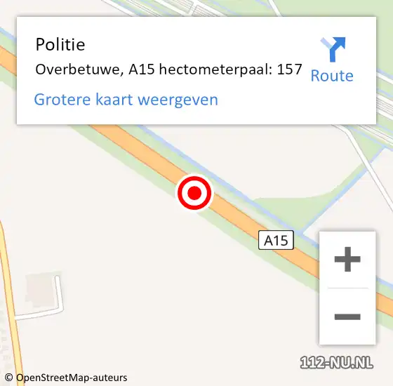 Locatie op kaart van de 112 melding: Politie Overbetuwe, A15 hectometerpaal: 157 op 8 februari 2022 09:33