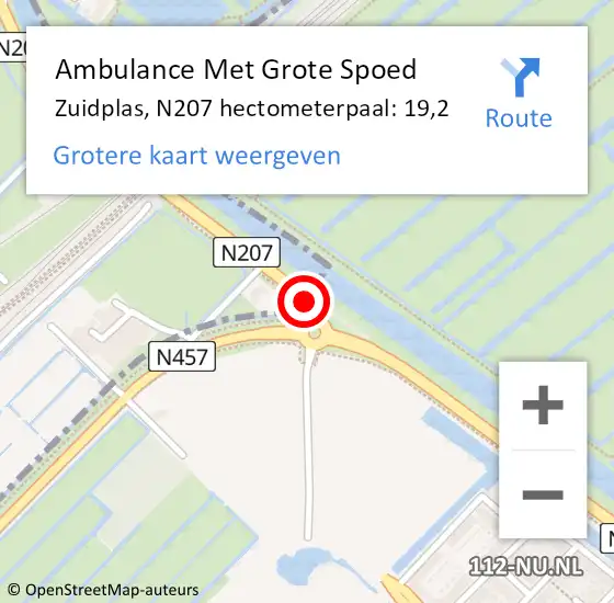 Locatie op kaart van de 112 melding: Ambulance Met Grote Spoed Naar Zuidplas, N207 hectometerpaal: 19,2 op 8 februari 2022 09:41
