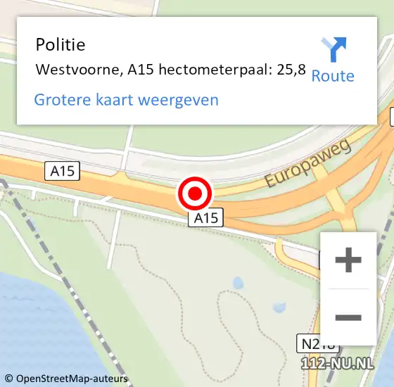 Locatie op kaart van de 112 melding: Politie Westvoorne, A15 hectometerpaal: 25,8 op 8 februari 2022 12:15