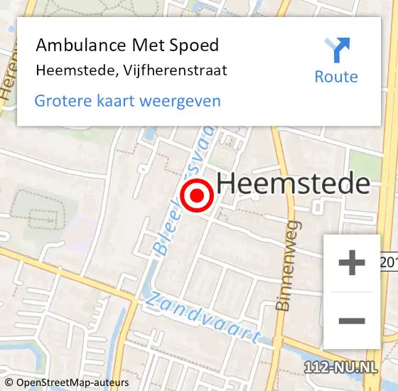 Locatie op kaart van de 112 melding: Ambulance Met Spoed Naar Heemstede, Vijfherenstraat op 8 februari 2022 13:14