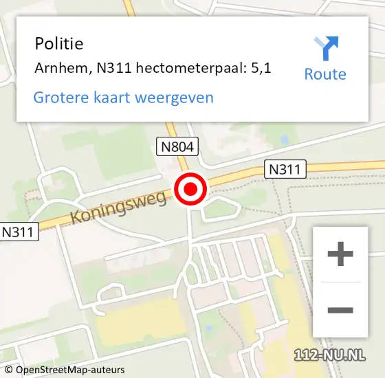 Locatie op kaart van de 112 melding: Politie Arnhem, N311 hectometerpaal: 5,1 op 8 februari 2022 13:50