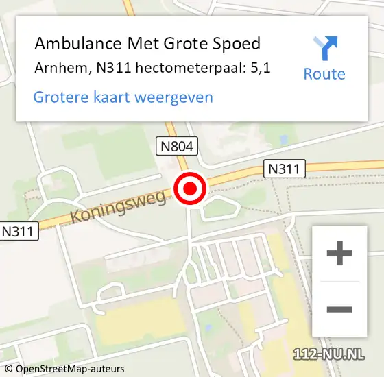 Locatie op kaart van de 112 melding: Ambulance Met Grote Spoed Naar Arnhem, N311 hectometerpaal: 5,1 op 8 februari 2022 13:50