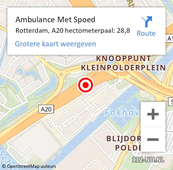 Locatie op kaart van de 112 melding: Ambulance Met Spoed Naar Rotterdam, A20 hectometerpaal: 28,8 op 8 februari 2022 14:26