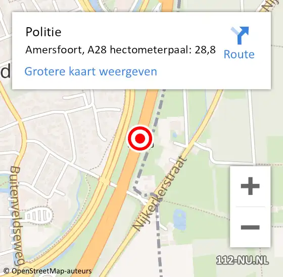 Locatie op kaart van de 112 melding: Politie Amersfoort, A28 hectometerpaal: 28,8 op 8 februari 2022 14:29