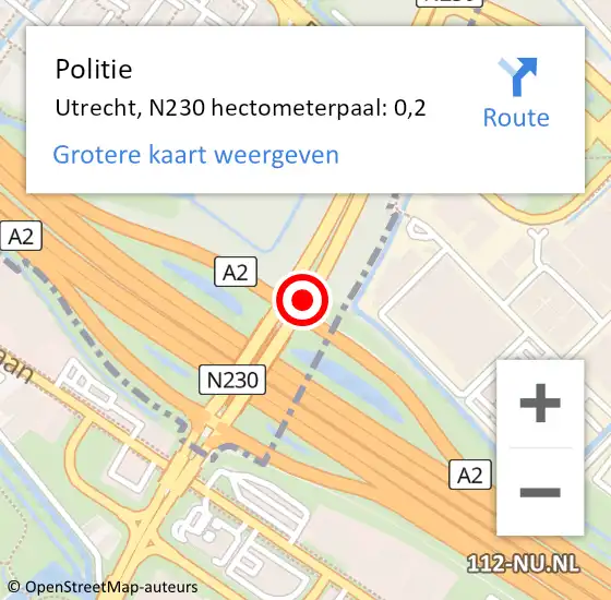 Locatie op kaart van de 112 melding: Politie Utrecht, N230 hectometerpaal: 0,2 op 8 februari 2022 14:56