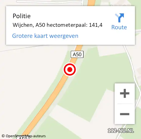 Locatie op kaart van de 112 melding: Politie Wijchen, A50 hectometerpaal: 141,4 op 8 februari 2022 16:52