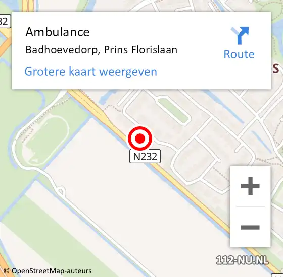 Locatie op kaart van de 112 melding: Ambulance Badhoevedorp, Prins Florislaan op 8 februari 2022 18:19