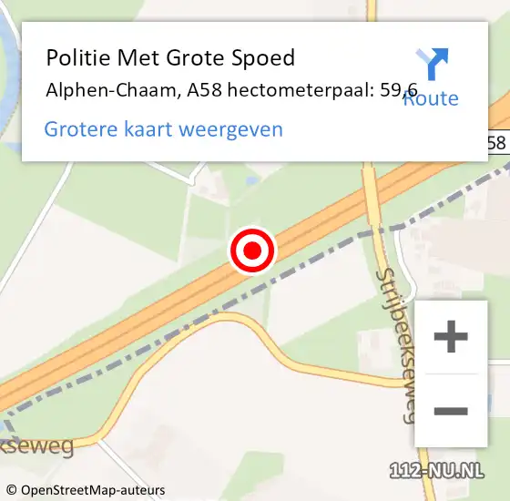 Locatie op kaart van de 112 melding: Politie Met Grote Spoed Naar Alphen-Chaam, A58 hectometerpaal: 59,6 op 9 februari 2022 07:29