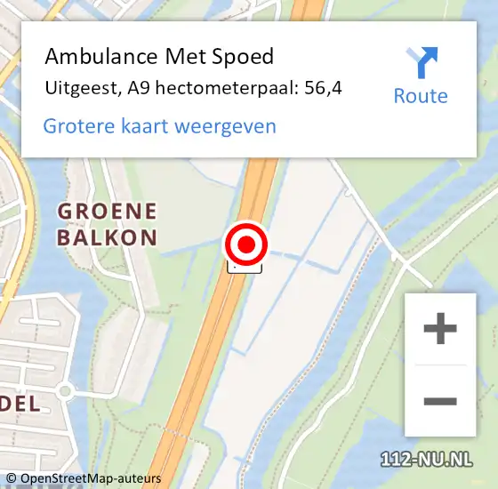 Locatie op kaart van de 112 melding: Ambulance Met Spoed Naar Uitgeest, A9 hectometerpaal: 56,4 op 9 februari 2022 07:51