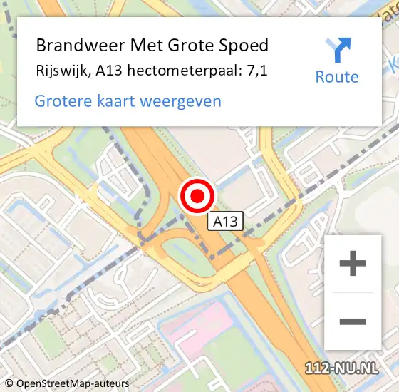 Locatie op kaart van de 112 melding: Brandweer Met Grote Spoed Naar Rijswijk, A13 hectometerpaal: 7,1 op 9 februari 2022 08:21