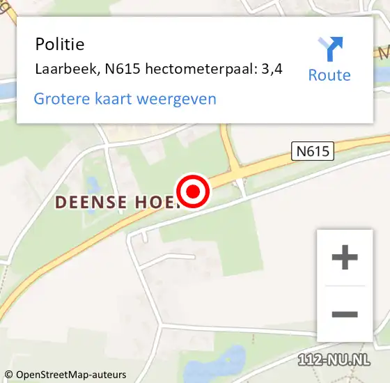 Locatie op kaart van de 112 melding: Politie Laarbeek, N615 hectometerpaal: 3,4 op 9 februari 2022 12:18