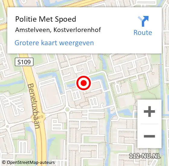 Locatie op kaart van de 112 melding: Politie Met Spoed Naar Amstelveen, Kostverlorenhof op 9 februari 2022 16:19