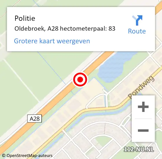 Locatie op kaart van de 112 melding: Politie Oldebroek, A28 hectometerpaal: 83 op 9 februari 2022 17:00