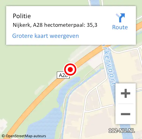 Locatie op kaart van de 112 melding: Politie Nijkerk, A28 hectometerpaal: 35,3 op 9 februari 2022 17:01