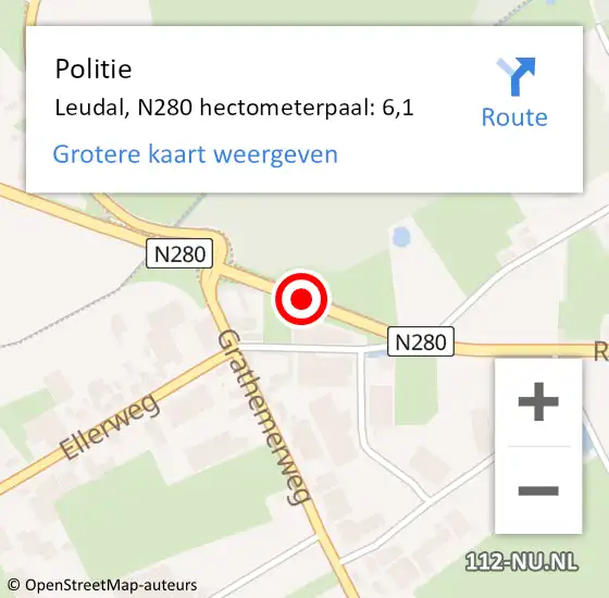 Locatie op kaart van de 112 melding: Politie Leudal, N280 hectometerpaal: 6,1 op 9 februari 2022 18:37