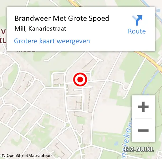 Locatie op kaart van de 112 melding: Brandweer Met Grote Spoed Naar Mill, Kanariestraat op 9 februari 2022 19:21