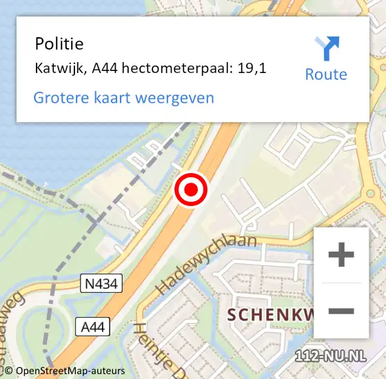 Locatie op kaart van de 112 melding: Politie Katwijk, A44 hectometerpaal: 19,1 op 9 februari 2022 20:11