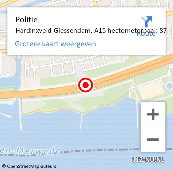 Locatie op kaart van de 112 melding: Politie Hardinxveld-Giessendam, A15 hectometerpaal: 87 op 9 februari 2022 21:33