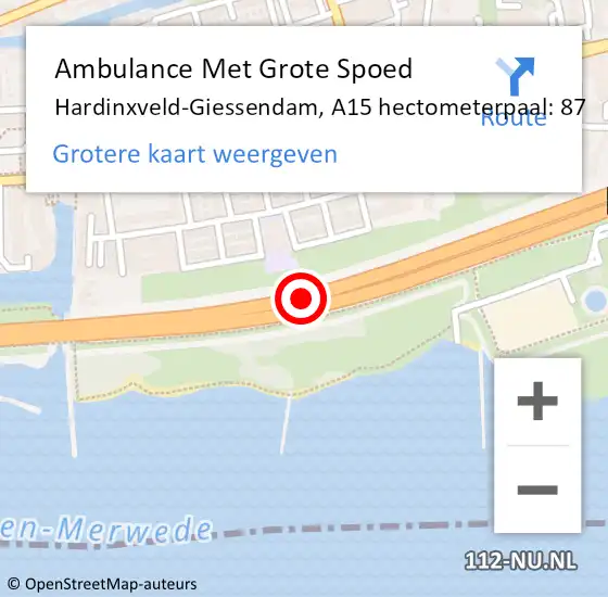 Locatie op kaart van de 112 melding: Ambulance Met Grote Spoed Naar Hardinxveld-Giessendam, A15 hectometerpaal: 87 op 9 februari 2022 21:34