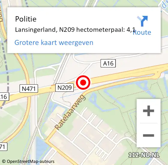 Locatie op kaart van de 112 melding: Politie Lansingerland, N209 hectometerpaal: 4,1 op 9 februari 2022 21:58