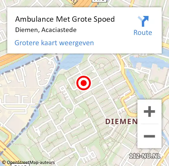 Locatie op kaart van de 112 melding: Ambulance Met Grote Spoed Naar Diemen, Acaciastede op 9 februari 2022 22:47