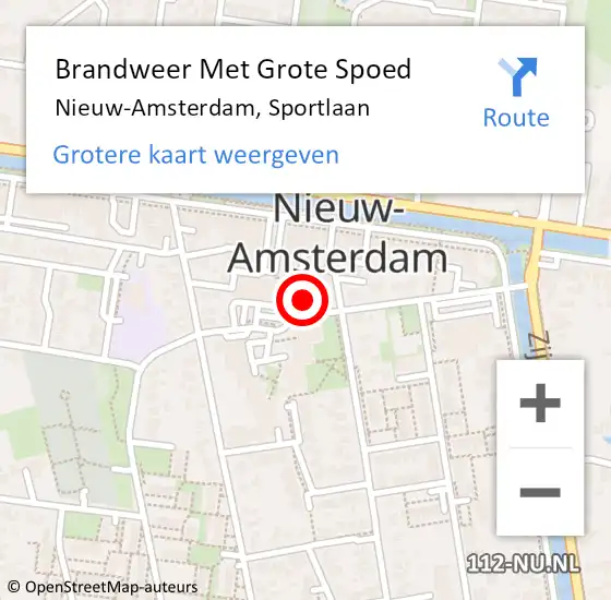 Locatie op kaart van de 112 melding: Brandweer Met Grote Spoed Naar Nieuw-Amsterdam, Sportlaan op 9 februari 2022 22:49