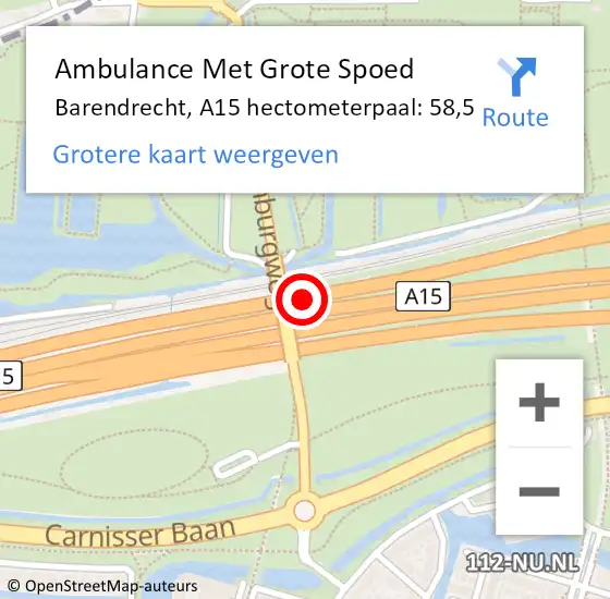 Locatie op kaart van de 112 melding: Ambulance Met Grote Spoed Naar Barendrecht, A15 hectometerpaal: 58,5 op 10 februari 2022 04:48