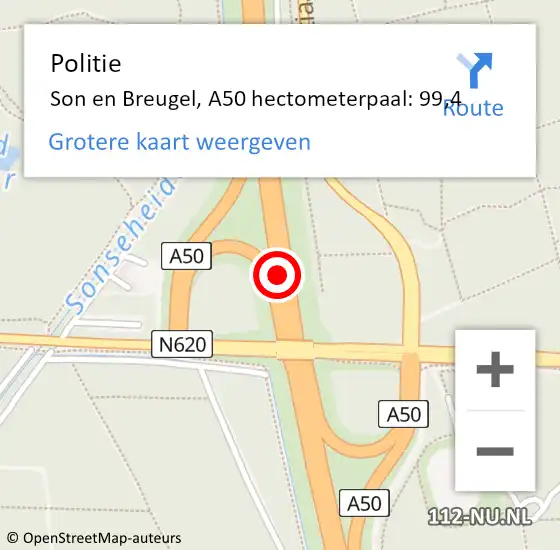 Locatie op kaart van de 112 melding: Politie Son en Breugel, A50 hectometerpaal: 99,4 op 10 februari 2022 06:18