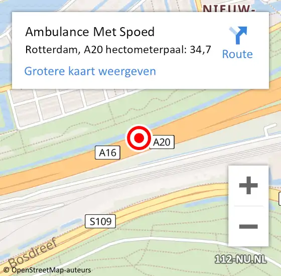 Locatie op kaart van de 112 melding: Ambulance Met Spoed Naar Rotterdam, A20 hectometerpaal: 34,7 op 10 februari 2022 07:04