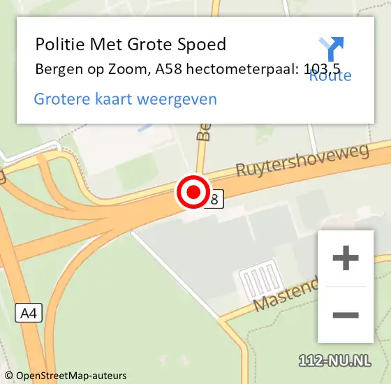 Locatie op kaart van de 112 melding: Politie Met Grote Spoed Naar Bergen op Zoom, A58 hectometerpaal: 103,5 op 10 februari 2022 09:32