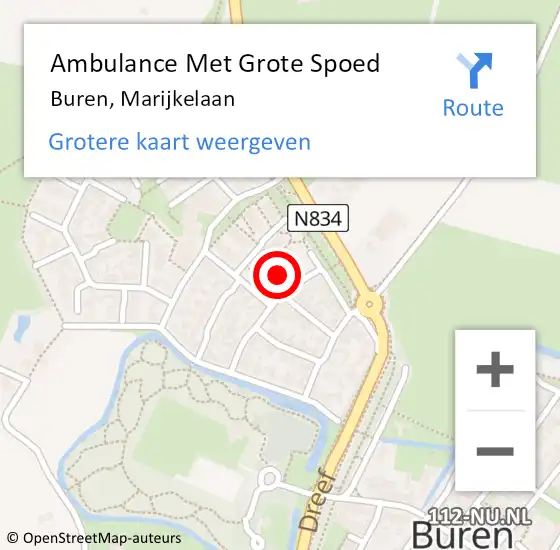 Locatie op kaart van de 112 melding: Ambulance Met Grote Spoed Naar Buren, Marijkelaan op 10 februari 2022 10:46
